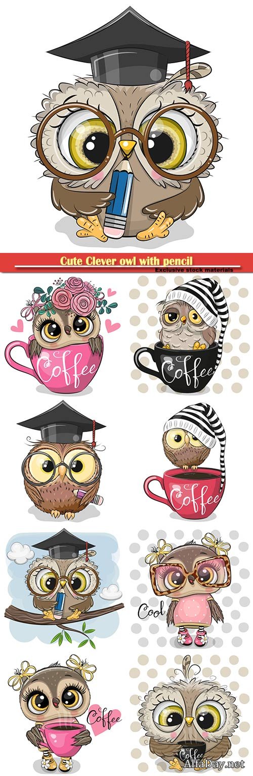 Cute Clever owl with pencil and in graduation cap