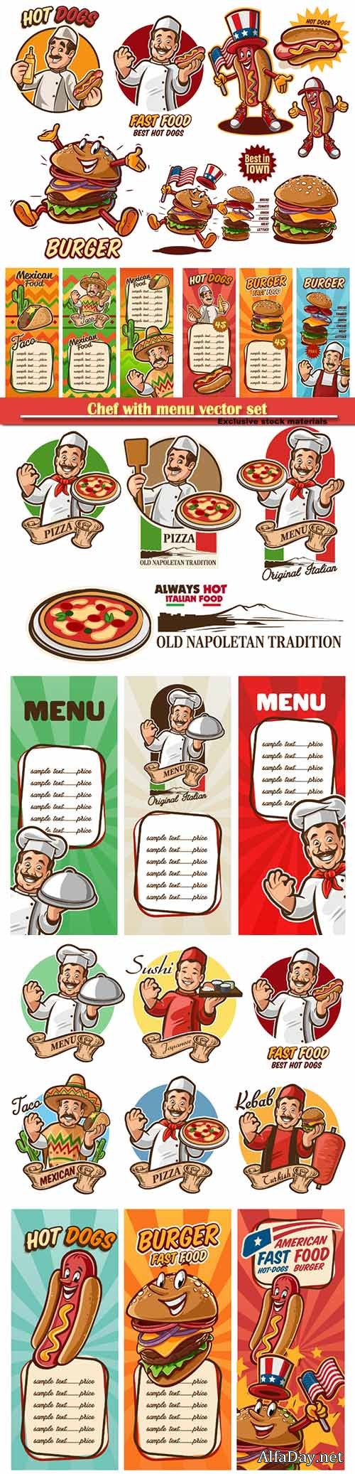 Chef with menu vector set, chef italian, mexican, arab, american, japanese, fast food set