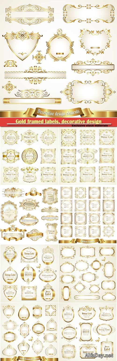 Gold framed labels, decorative design elements set