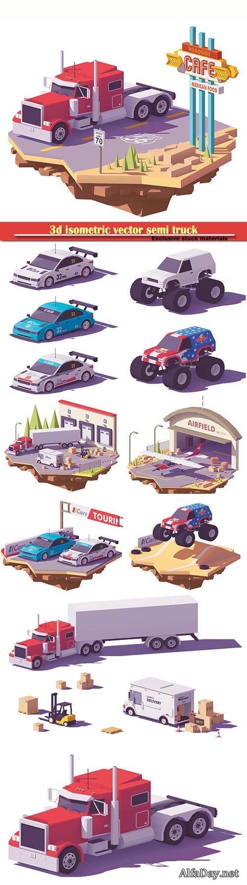 3d isometric vector semi truck with semi trailer, step van and forklift