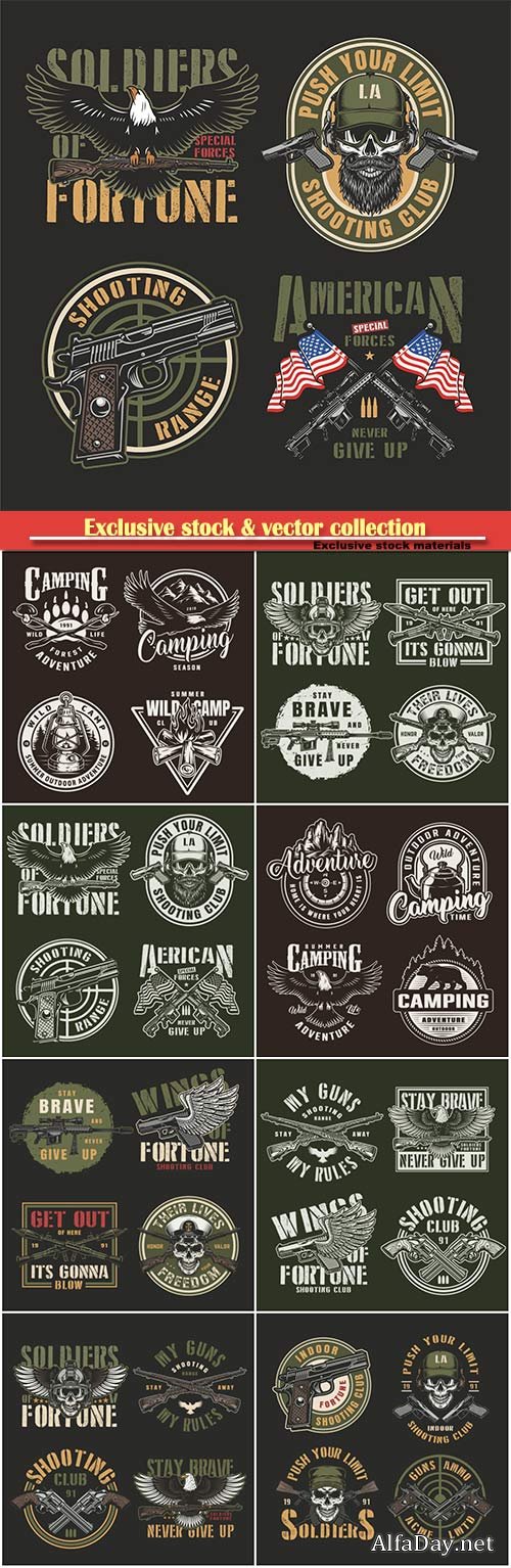 Vintage military emblems set with eagle holding carbine bearded