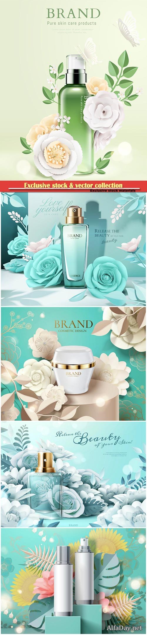 Cosmetic set ads with paper flowers in 3d illustration # 3