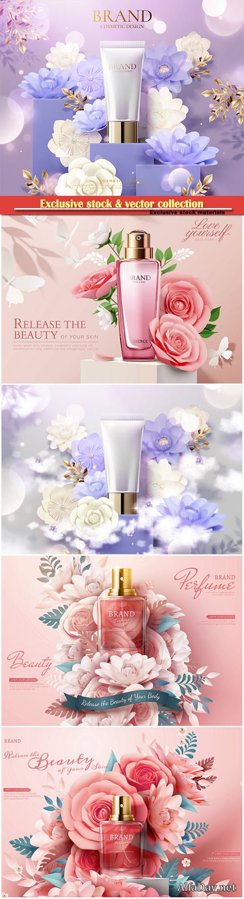 Cosmetic set ads with paper flowers in 3d illustration # 4