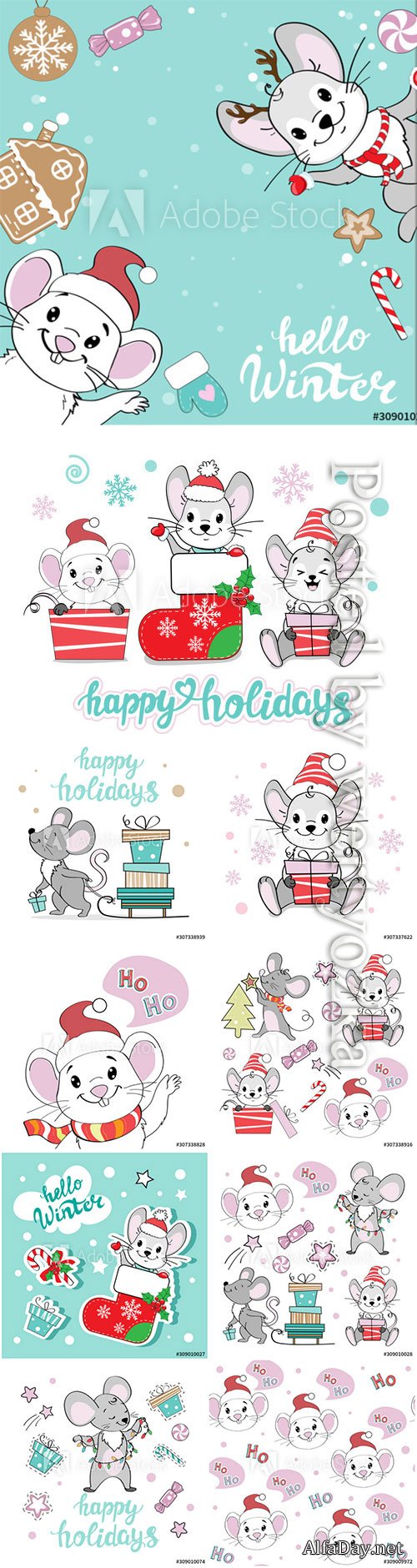Christmas illustration set with Christmas mice on a 