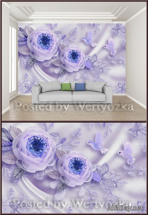 3D psd background wall wedding room silk flowers bird