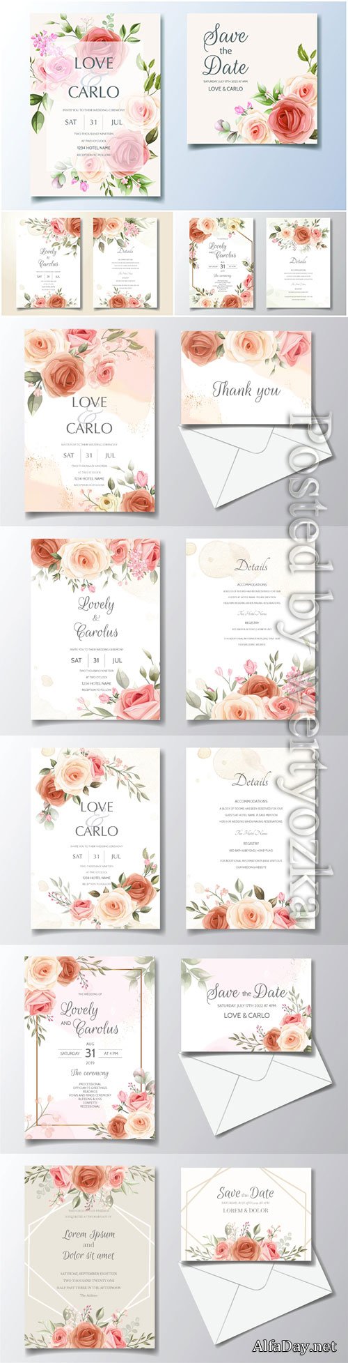 Wedding invitation card set template with beautiful floral frame