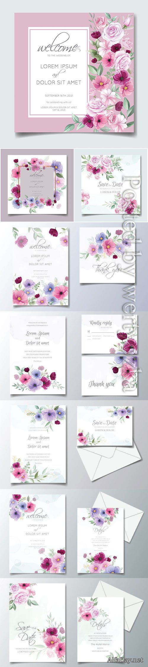 Colorful hand drawn floral wedding invitation card
