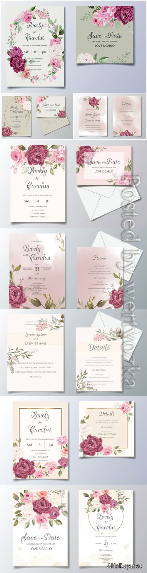Beautiful and elegant wedding invitation card template set with floral frame