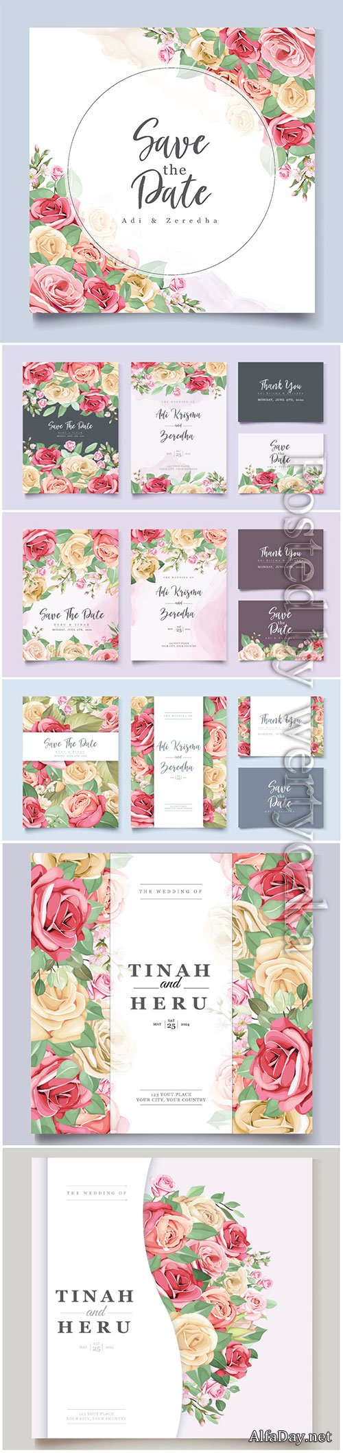 Elegant floral and leaves wedding invitation vector designs