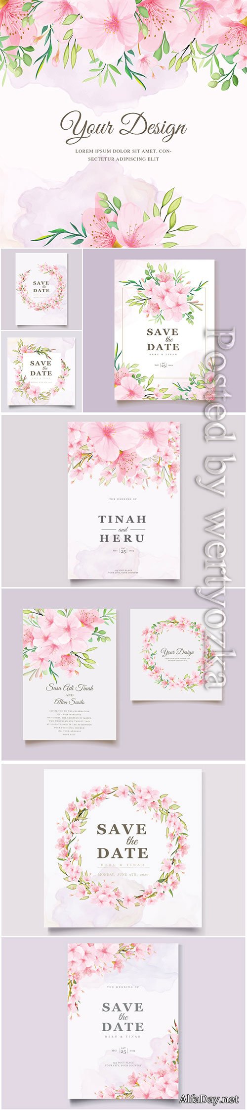 Wedding invitation cards with pink flowers in vector