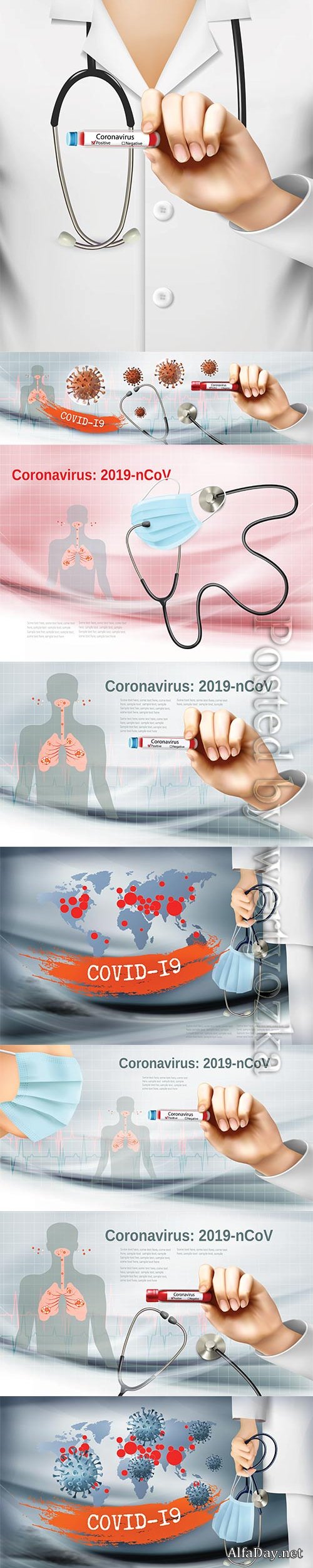 Coranavirus background with doctor holding tube with pasitiv test and stethoscope