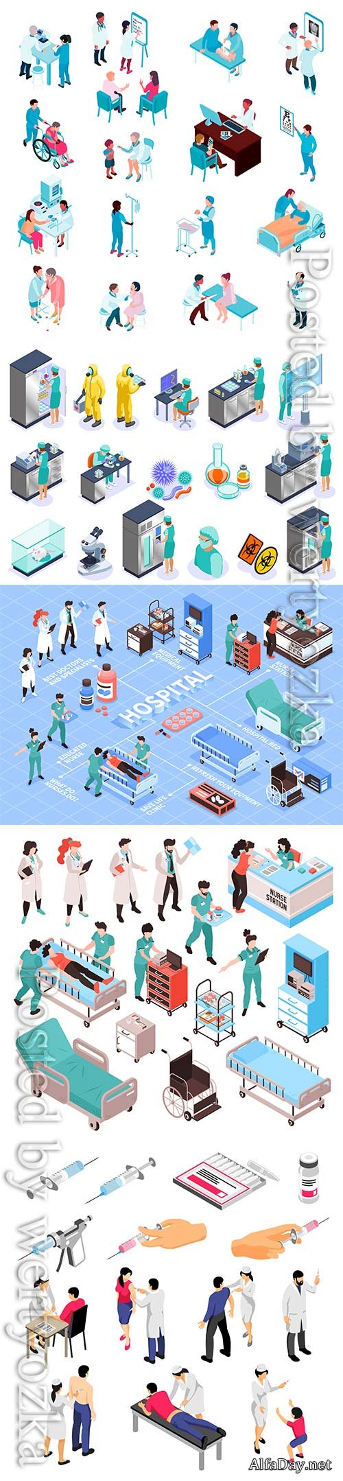 Human characters during vaccination and syringes with medical products set of isometric