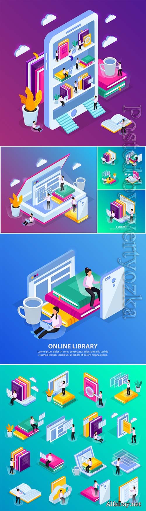 Online education isometric glow icons set