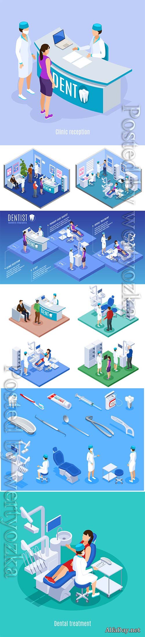 Dentist isometric icons set of stomatology equipment hygiene items implant
