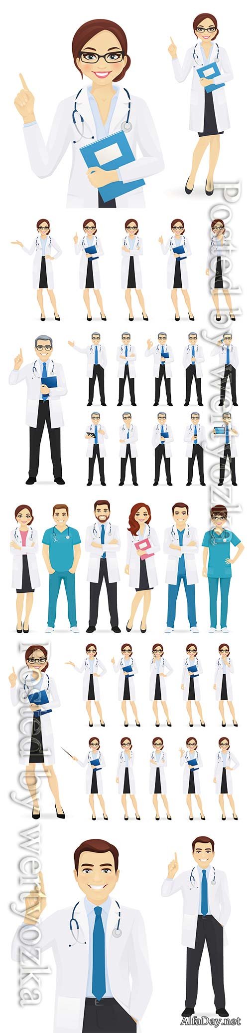 Doctors team in different poses set vector illustration