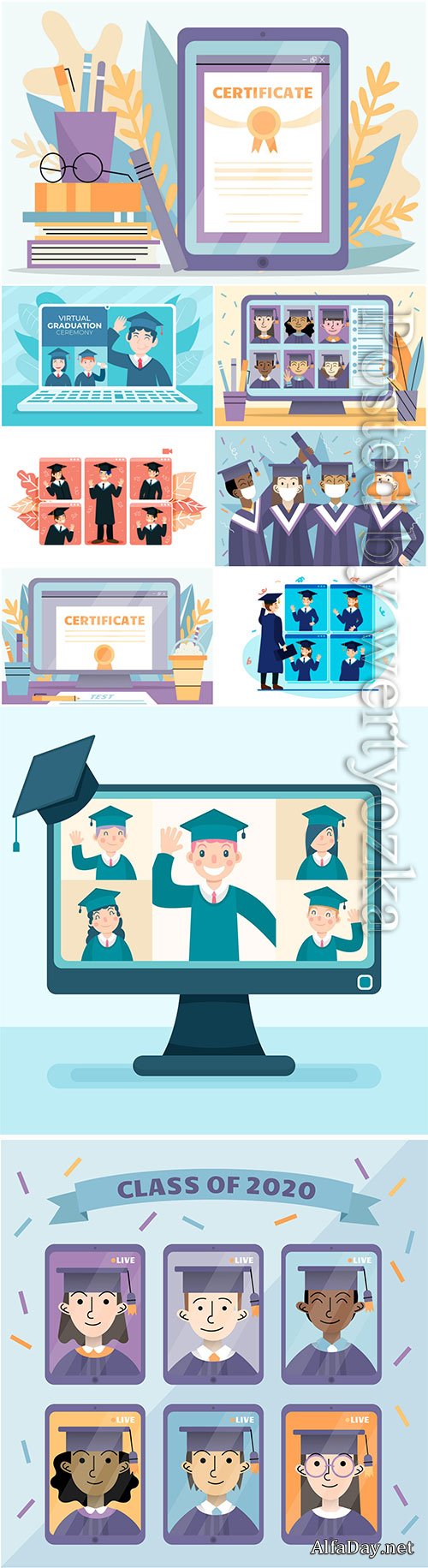 Virtual graduation ceremony with students and computer