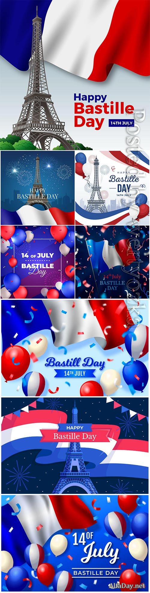 Realistic bastille day concept vector set