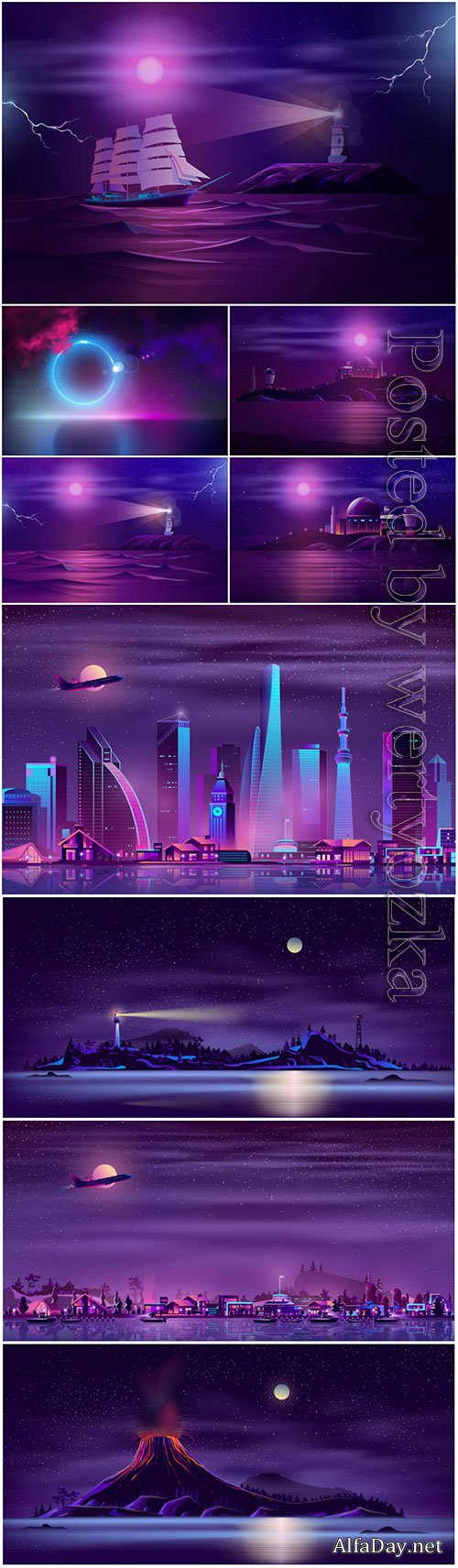 Seashore neon background realistic vector design