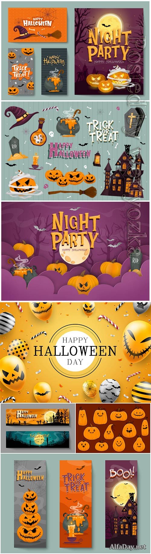 Vector set of halloween party invitations or greeting cards