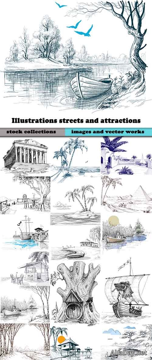 Illustrations streets and attractions in vector from stock - 25 Eps