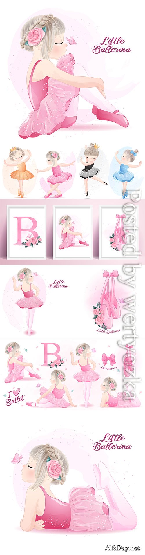 Cute girl ballerina watercolor illustration vector set