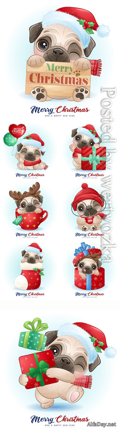Cute doodle pug for christmas day with watercolor vector illustration