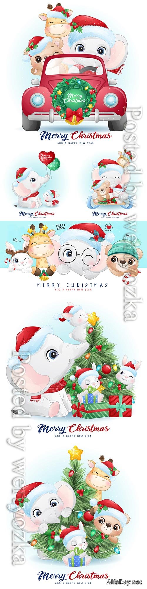 Cute doodle animals for christmas day with watercolor vector illustration