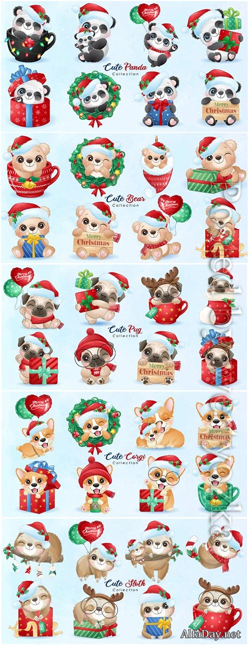 Animals vector for christmas day with watercolor illustration