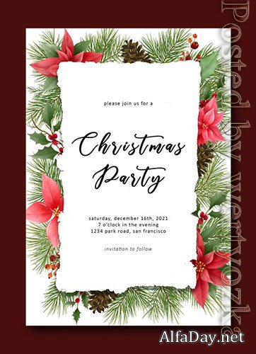 Merry christmas template with pine leaf decorations and christmas ornaments premium psd