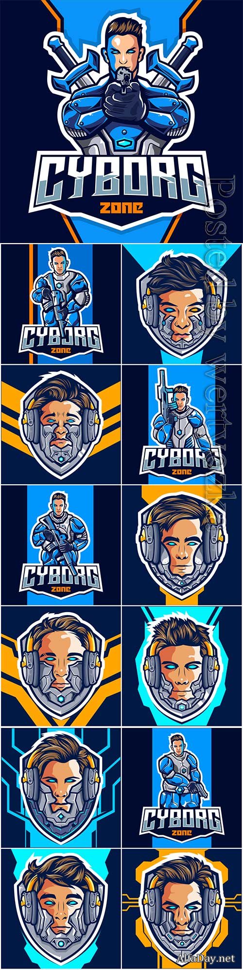 Cyborg with gun mascot esport logo design premium vector
