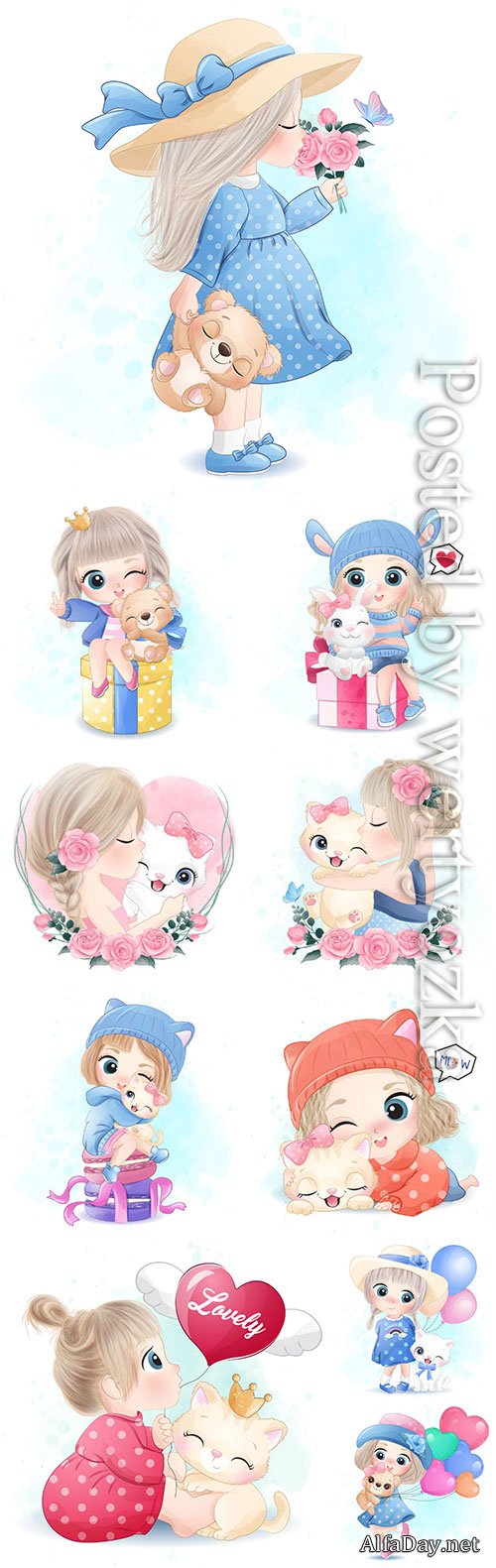 Cute girl with watercolor vector illustration