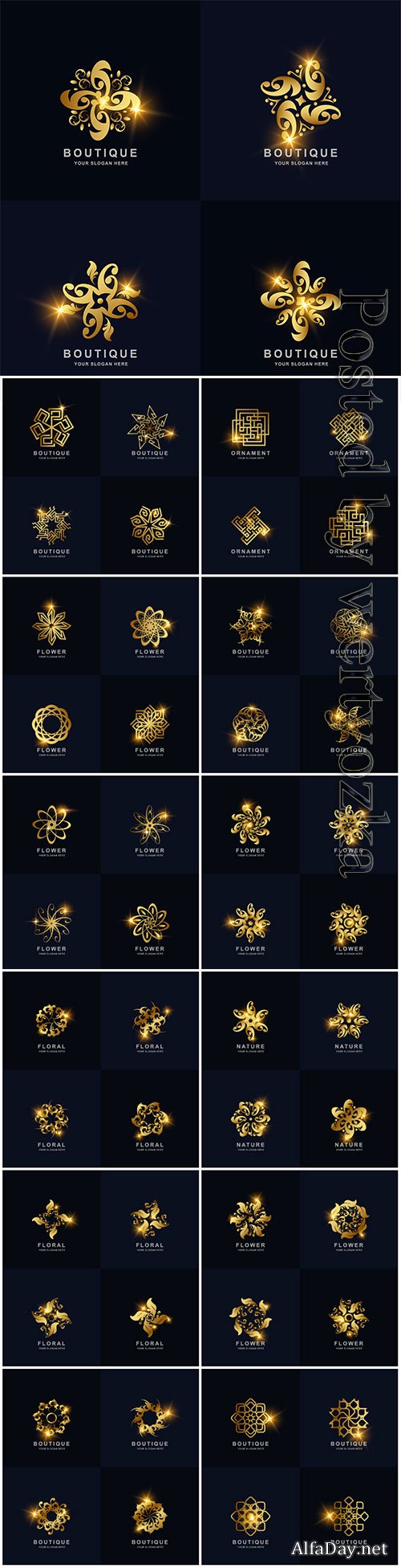 Abstract golden, flower, ornament, logo, set, vector, collection