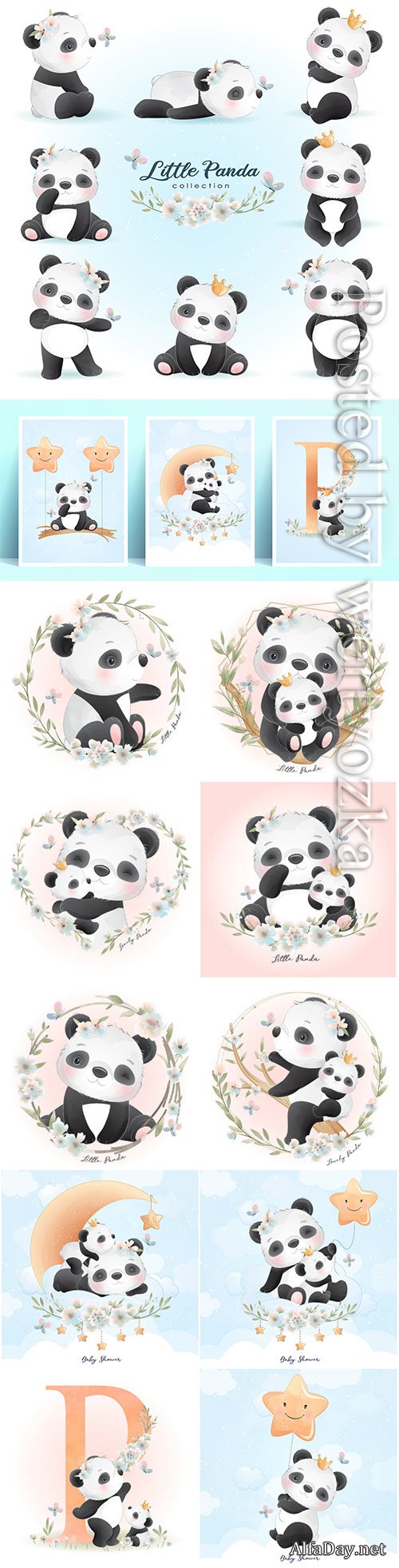 Cute panda with floral illustration premium vector