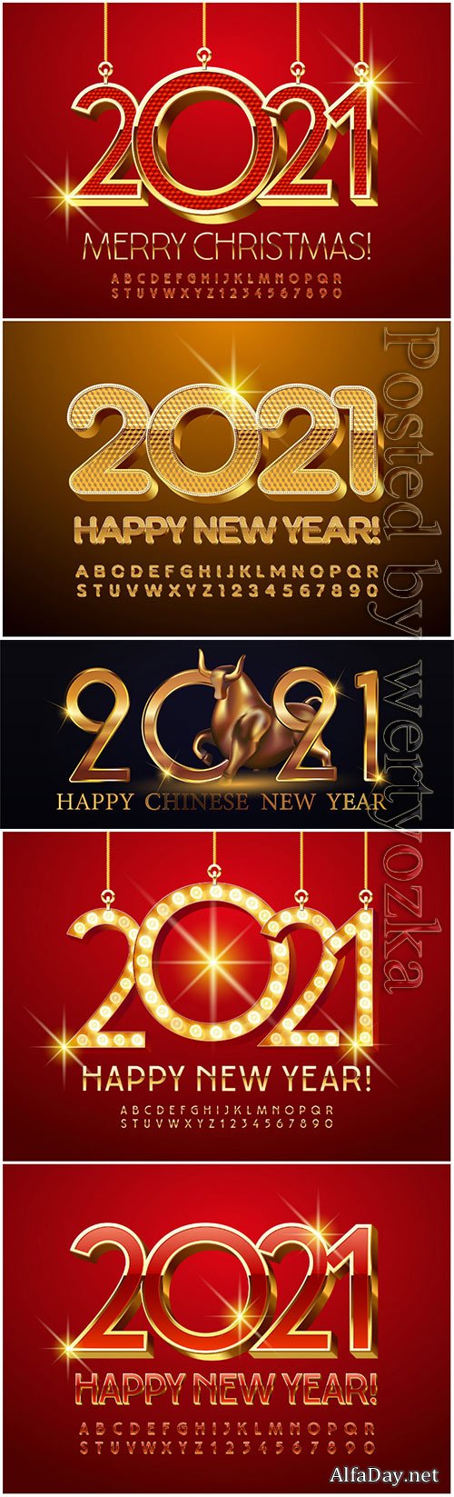 Merry christmas 2021, golde alphabet letters and numbers, shiny font