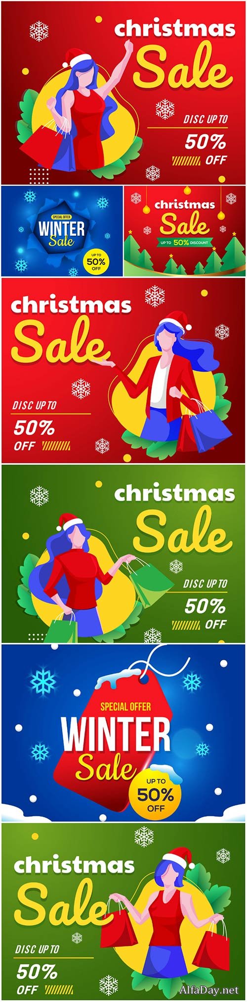 Christmas sale banner with women shopping background