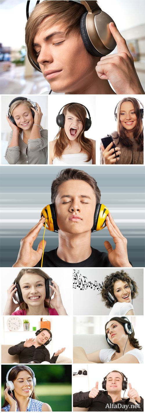 People with headphones stock photo