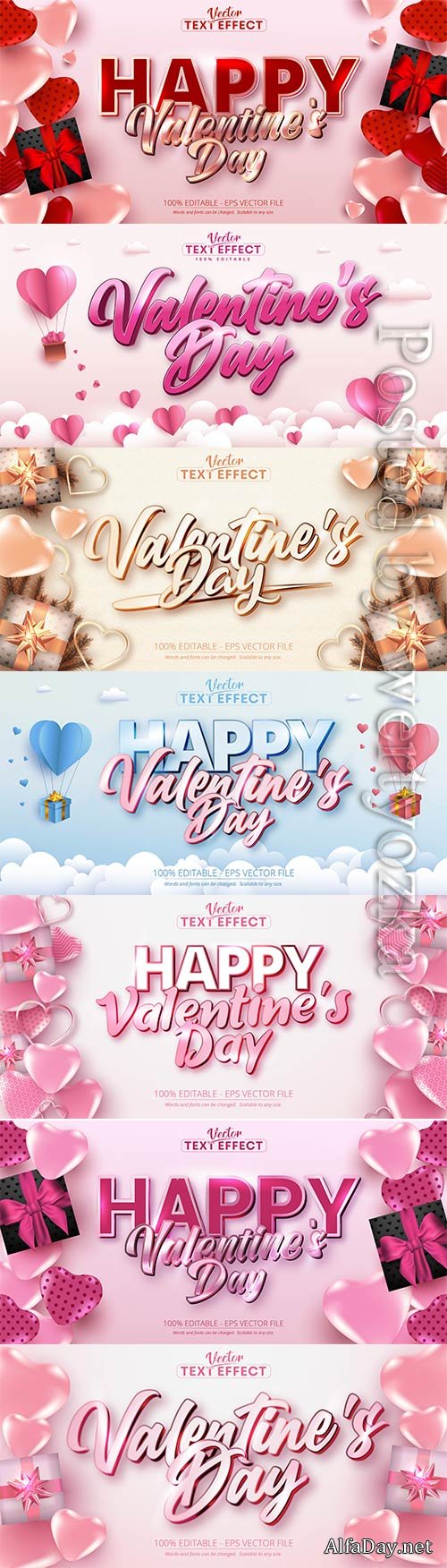 Valentine text effects style with hearts in vector