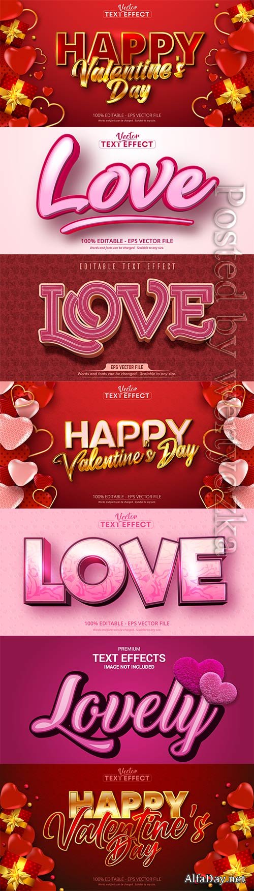 Valentine text effects style in vector with hearts