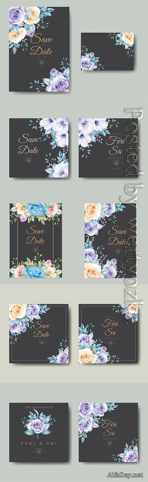 Wedding invitation card with floral watercolor vector design
