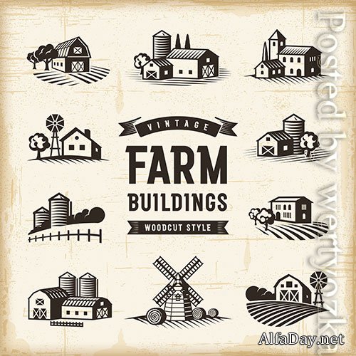 Vintage Farm Buildings Set