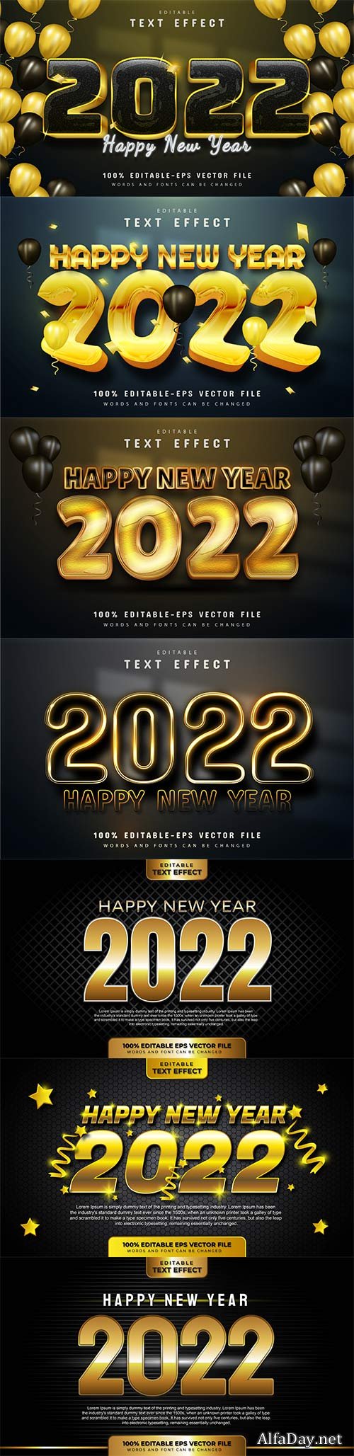 Happy new year 2022 gold 3d editable text effect premium vector