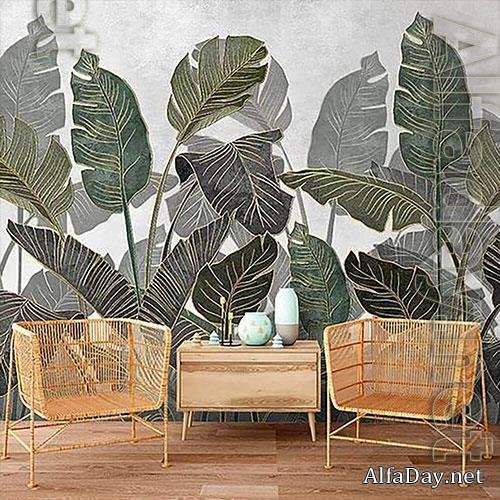 3D texture Tropical leaves with gold