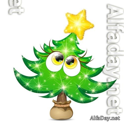 Funny fir tree girl character with yellow shiny star and christmas lights in a pot bag