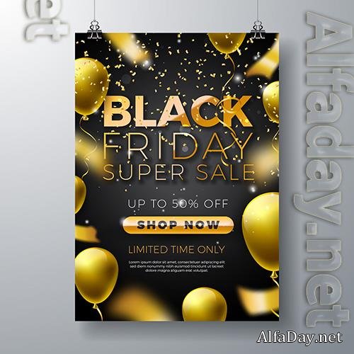 Black friday sale illustration with golden lettering and party balloon on dark background