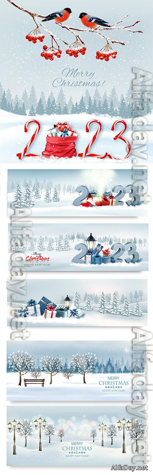 Vector holiday christmas background with red bullfinches on branch of a christmas tree