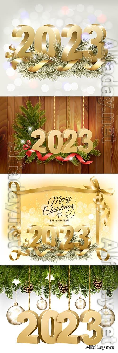 Vector merry christmas and happy new year background with a 2023 letters and branch of tree vector