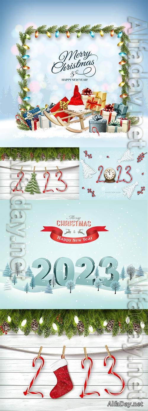 Vector merry christmas and happy new year background with winter landscape colorful gift boxes with santa hat