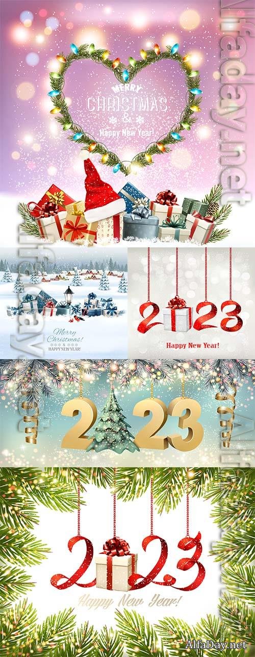 Vector merry christmas and happy new year background with a 2023 letters christmas abstract tree and glowing christmas tree lights vector