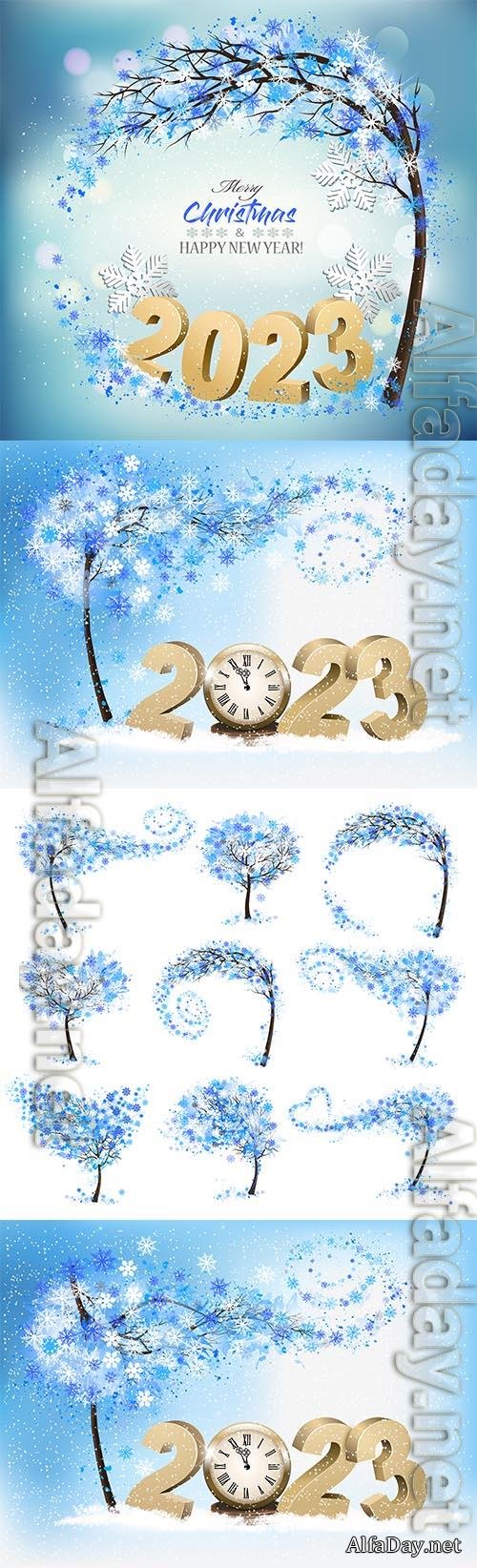 Vector merry christmas and happy new year background with 2023 letters and christmas tree with snowflakes vector