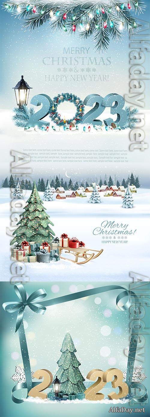 Holiday background with landscape and christmas tree